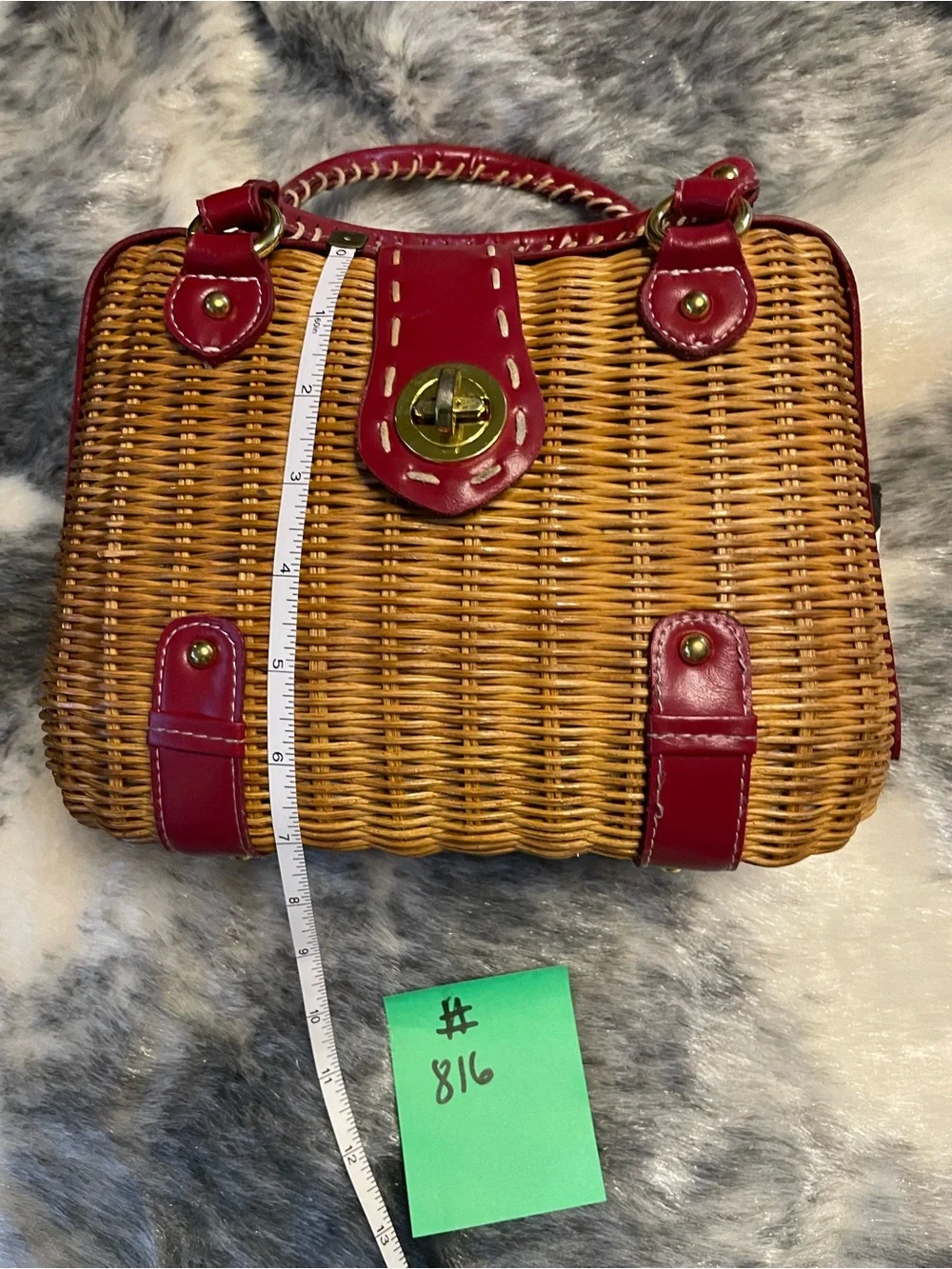 Patricia Nash Wicket Basket Handbag Red Leather Trim Satchel
